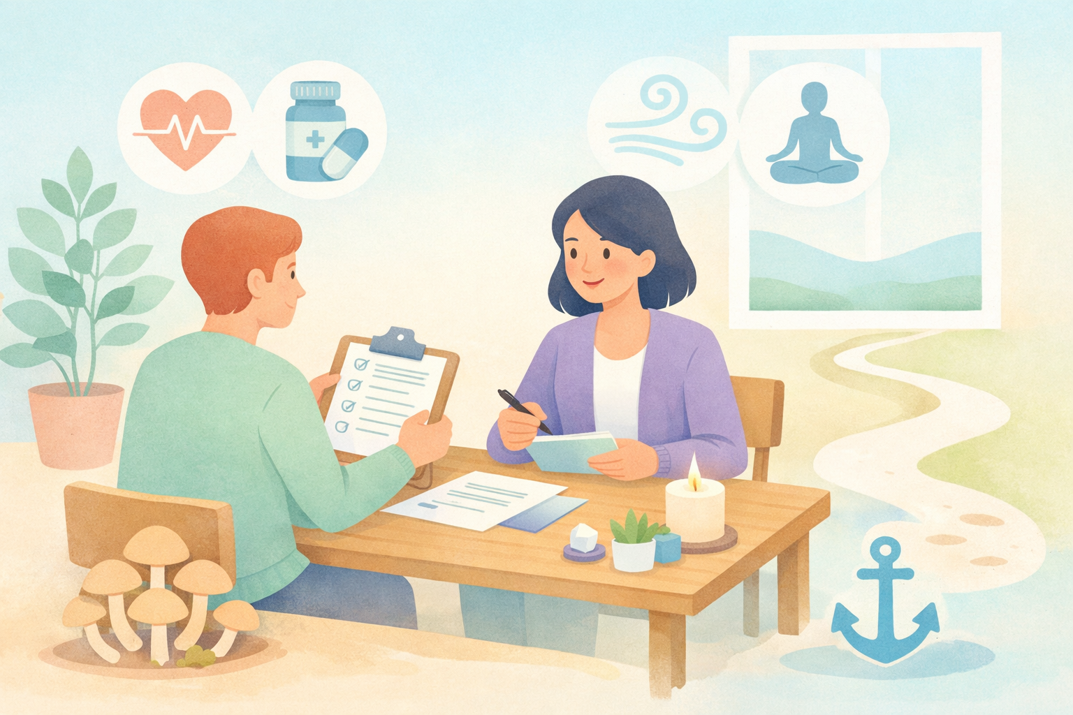 Beckley Retreats psychedelic therapy consultation: therapist and client review checklist amid mushrooms, pills, heart, meditation icons, with mountain path view for healing journeys. ​