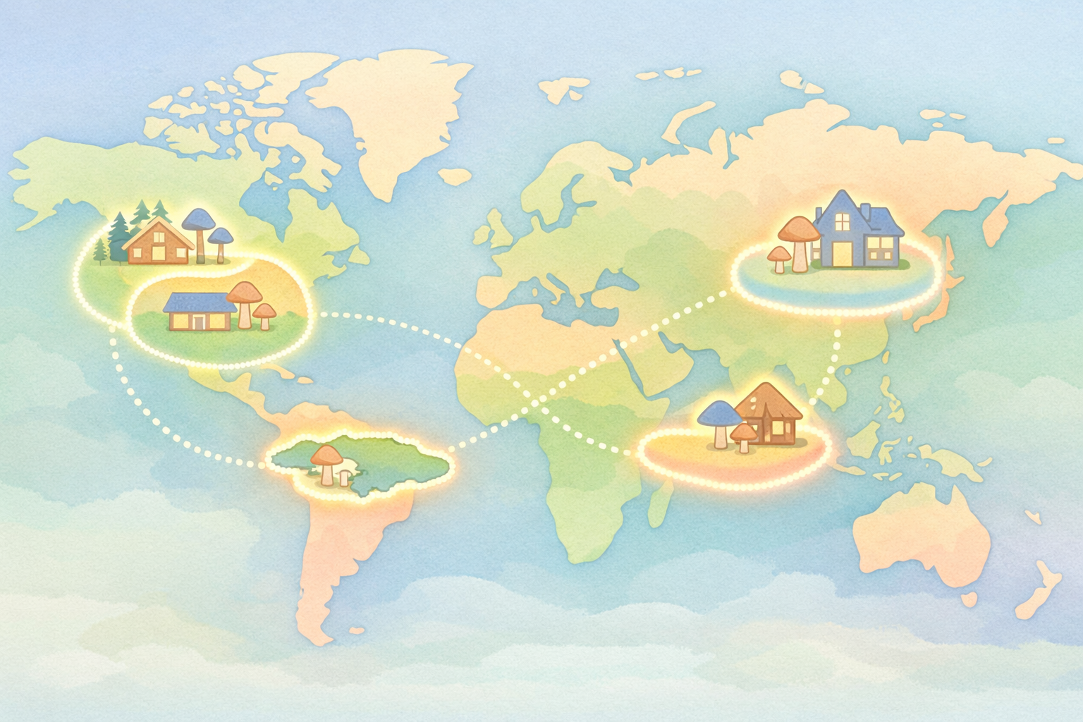 Beckley Retreats psychedelic therapy global map: glowing mushroom houses in Jamaica, Europe, Asia, South America highlight psilocybin retreat destinations worldwide.