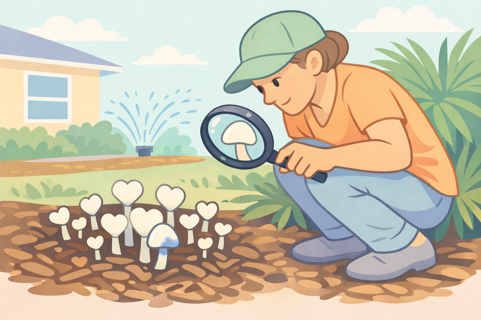 Cartoon woman in green cap examining psychedelic mushrooms and heart-shaped plants with magnifying glass near retreat home, illustrating psilocybin therapy discovery and emotional healing at Beckley Retreats.