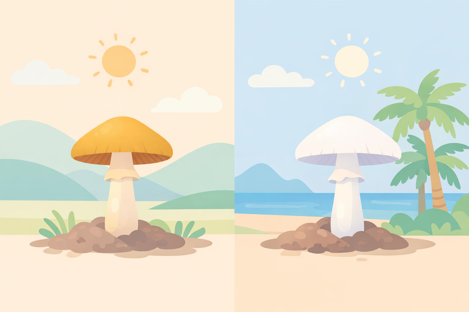 Split-view illustration of golden and white psychedelic mushrooms in sunny landscapes with mountains, beach, palms, evoking psilocybin therapy transformation and serene healing retreats at Beckley Retreats.