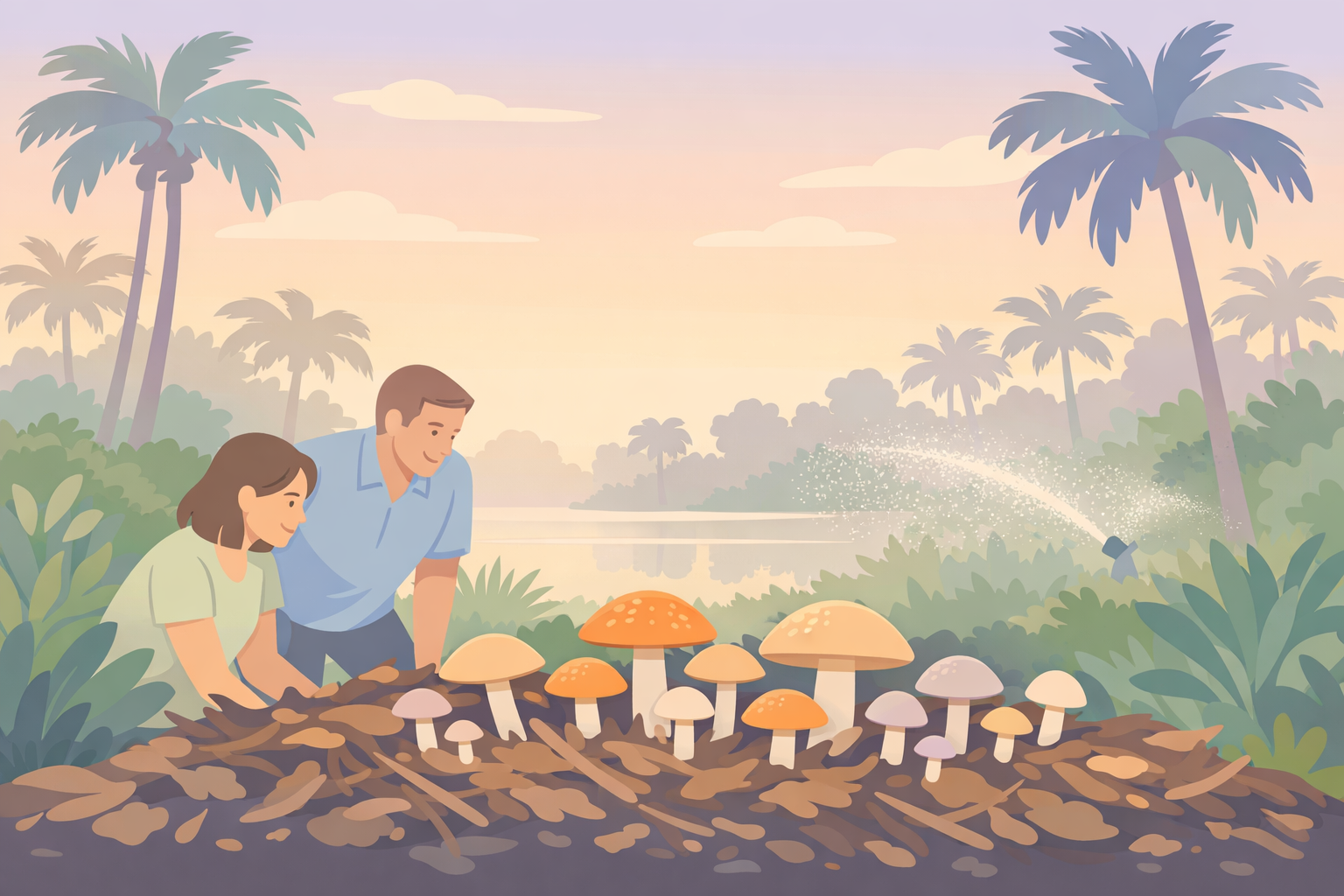 Couple kneeling together examining vibrant psychedelic mushrooms amid palm trees and lakeside at golden hour, representing shared psilocybin therapy, emotional bonding, and healing journeys at Beckley Retreats.