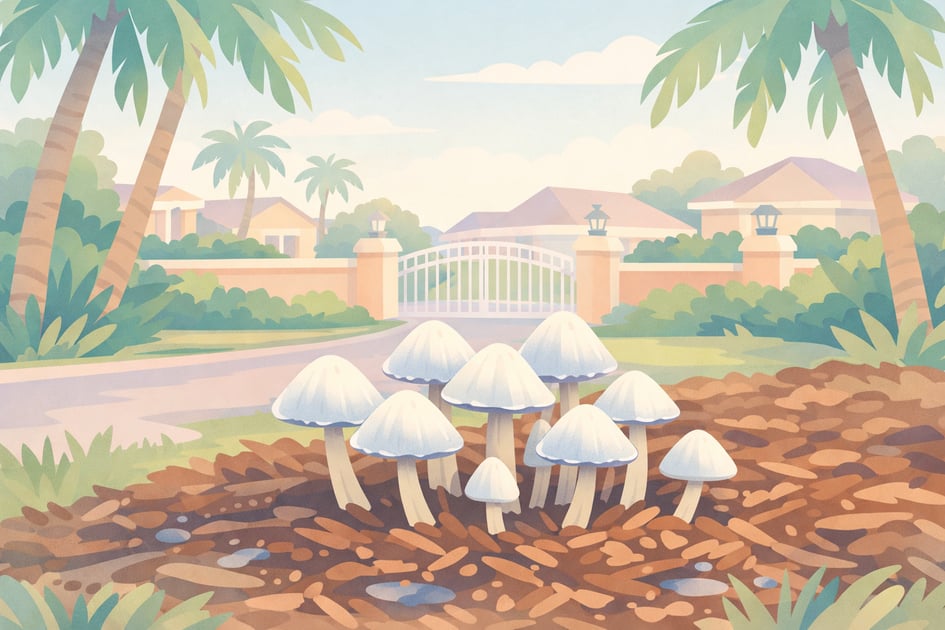 Psychedelic mushrooms foregrounded before gated palm-lined retreat entrance with villas, symbolizing gateway to psilocybin therapy, mindful healing, and transformative wellness experiences at Beckley Retreats.