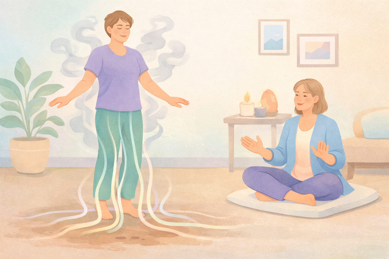 Psychedelic therapy integration at Beckley Retreats: joyful female client with vapor aura and root-like energy flows stands arms outstretched, guided by seated female therapist in serene room with plants and candle.