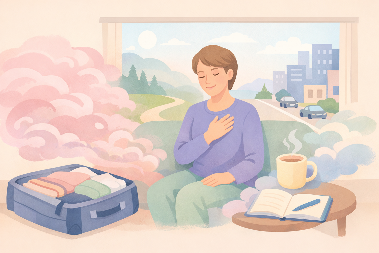 Beckley Retreats psychedelic therapy preparation: serene female client hand on heart amid pink vapor clouds, packs suitcase with clothes beside coffee and journal, overlooking mountain-city landscape.