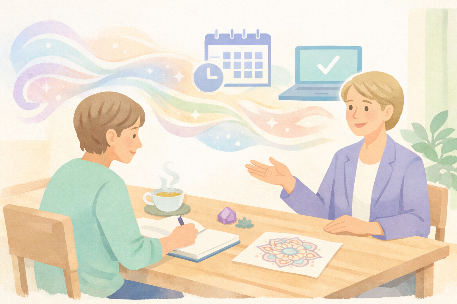 Beckley Retreats psychedelic therapy scheduling session: male client with coffee and notebook discusses calendar, laptop checkmarks, clock with female therapist beside mandala, crystals amid rainbow vapor swirls.