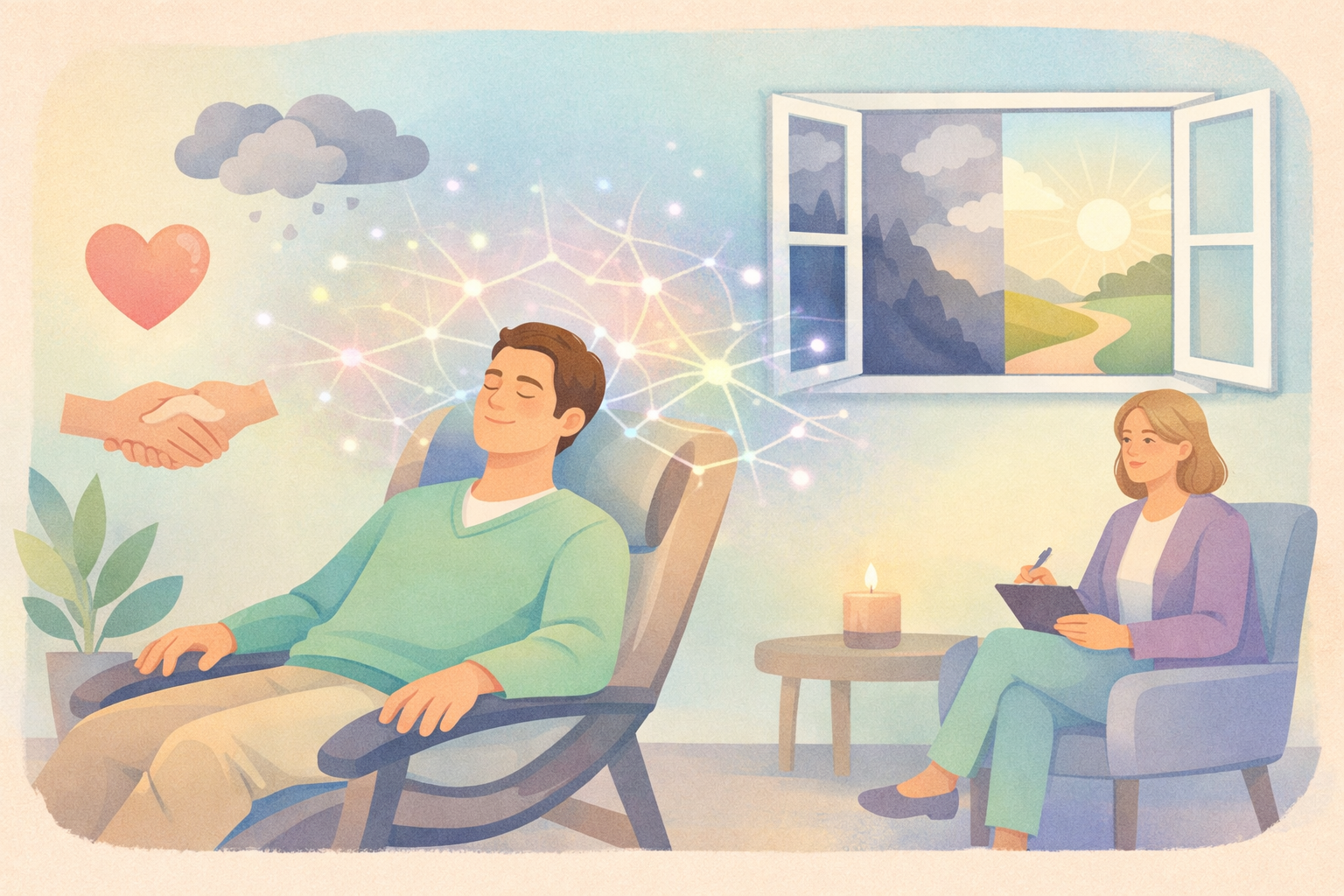Beckley Retreats psychedelic therapy healing: relaxed male client in chair with glowing brain, heart, neural networks, rain cloud clearing to sunrise view, receives helping hands as female therapist notes nearby.