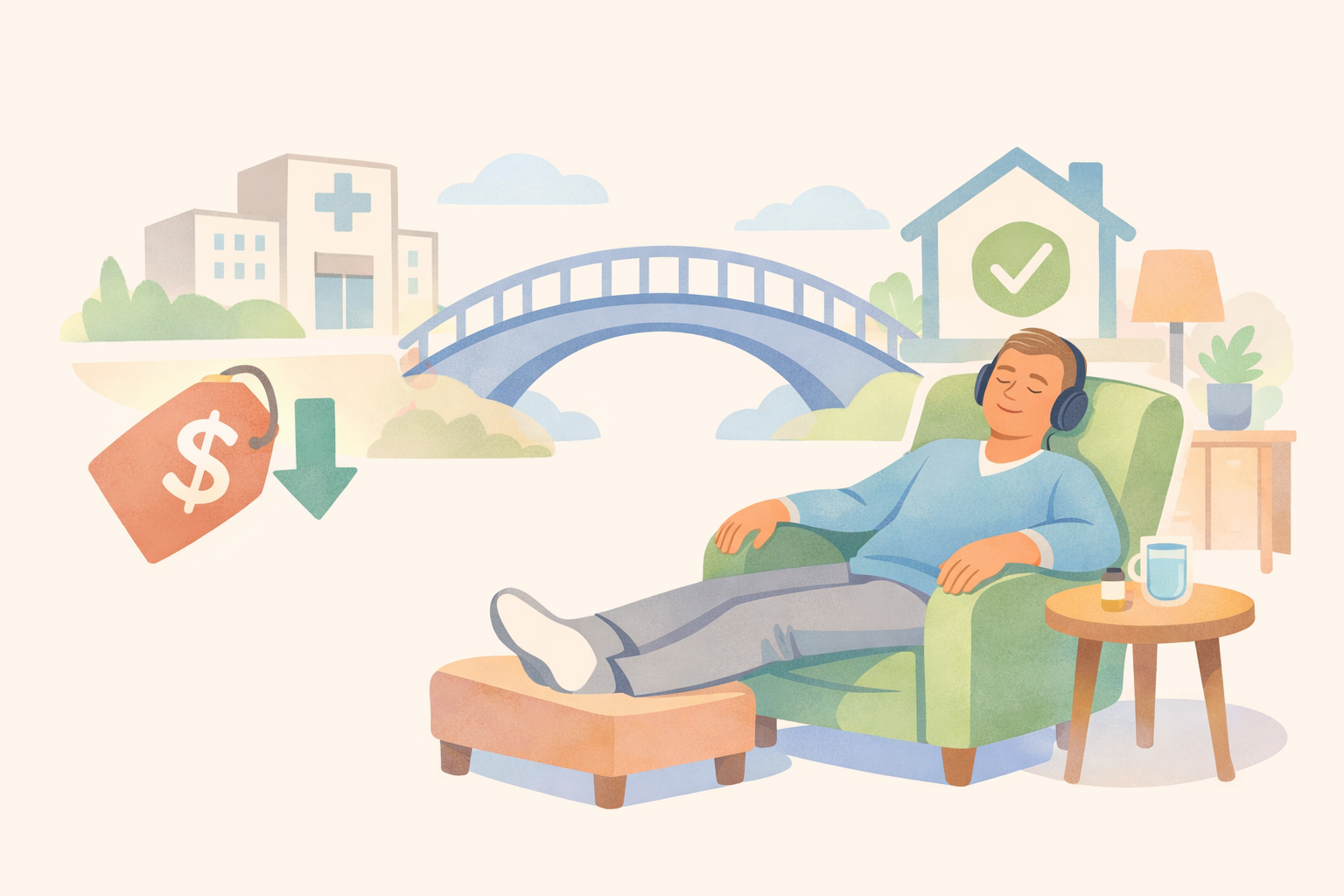 Man at home enjoying psychedelic therapy cup from Beckley Retreats, with map showing distant clinic, cost and health benefits arrows.