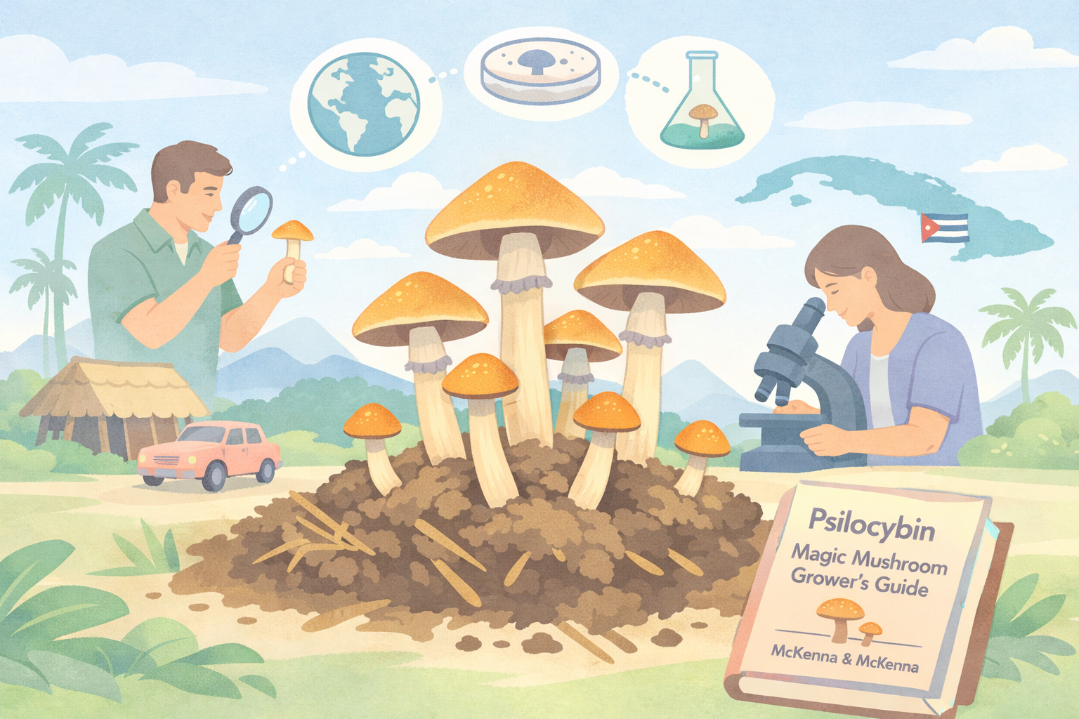 Beckley Retreats psychedelic therapy education: man examines magic mushrooms with magnifying glass, woman peers through microscope at psilocybin, beside McKenna guidebook, globe-to-mushroom icons, Cuban flag, tropical setting.