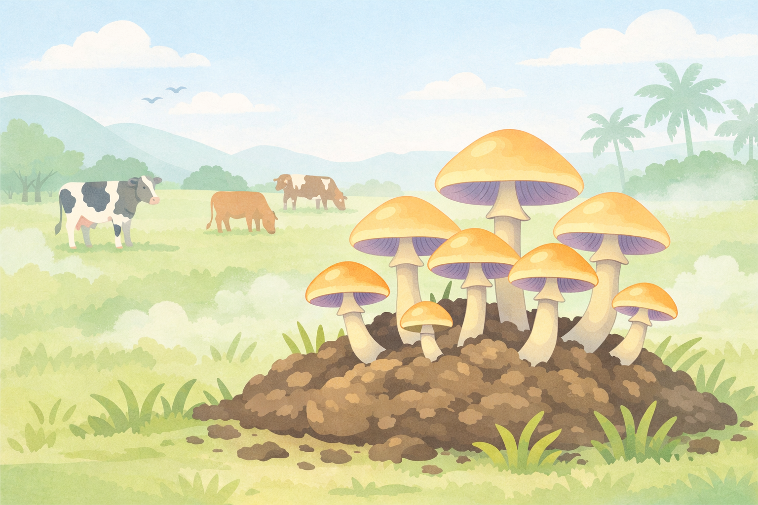 Beckley Retreats psychedelic therapy nature scene: cluster of golden psilocybin mushrooms emerges from soil amid lush grass, with grazing cows, misty palm trees, mountains, birds in serene tropical landscape.