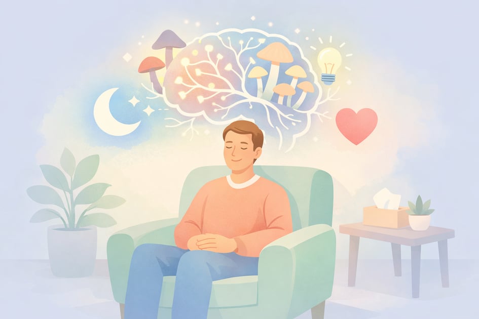 Beckley Retreats psychedelic therapy enlightenment: meditative man in chair glows with radiant brain networks, mushrooms, moon, lightbulb, heart visions amid starry neural pathways, plants, box on table.