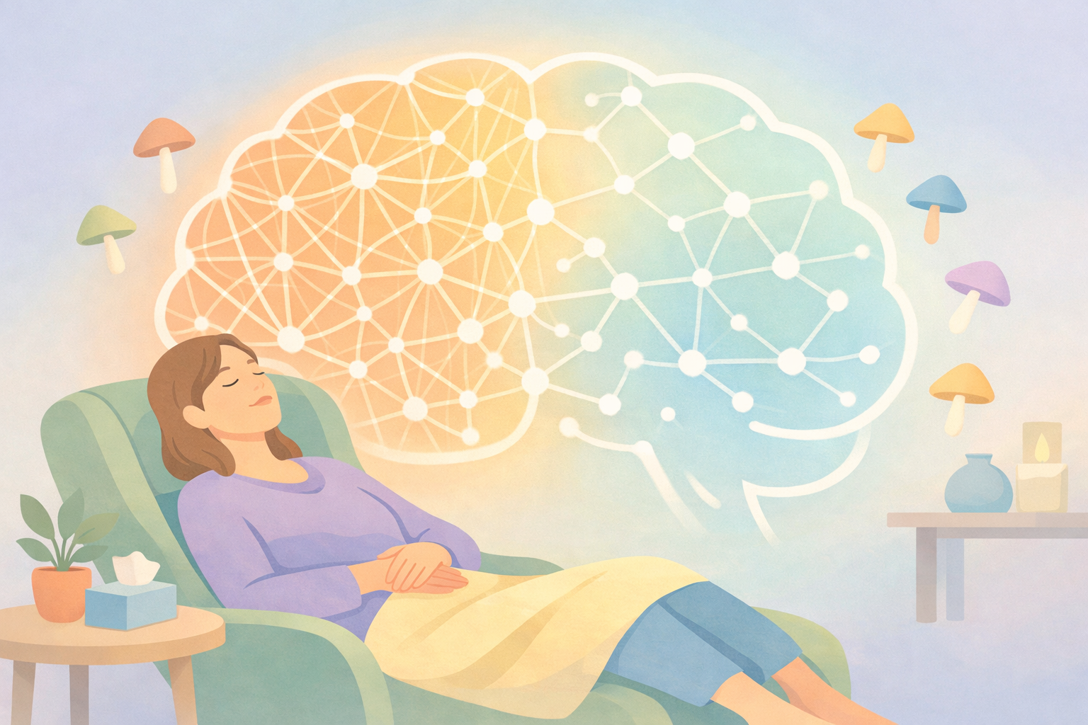 Beckley Retreats psychedelic therapy neuroplasticity: relaxed woman reclines in chair envisioning radiant orange-blue brain networks with floating colorful mushrooms, plants, candle, vase, tissues nearby.
