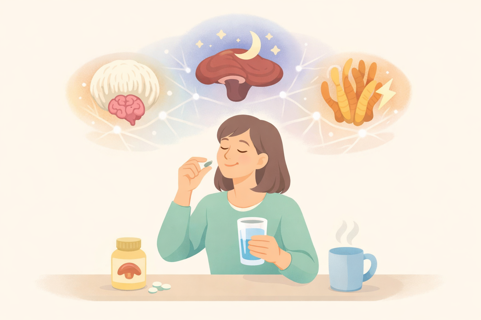 Beckley Retreats psychedelic therapy supplements: smiling woman takes lion's mane mushroom pill with water, envisions brain, reishi moon neural net, lion's mane, neural energy, coffee on table.