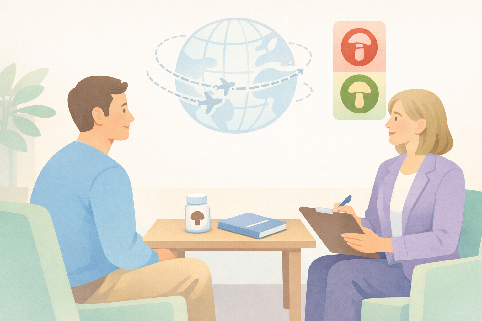 Beckley Retreats psychedelic therapy travel consult: man discusses with female therapist beside psilocybin jar, global flight path orb, green/red mushroom traffic lights on wall, plant in serene office. 