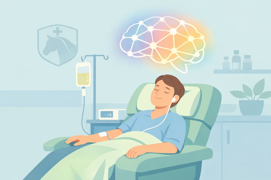 Beckley Retreats psychedelic therapy medical infusion: relaxed male patient in hospital recliner receives ketamine IV drip with headphones, glowing rainbow neural brain overlay, horse badge, bottles, plants on shelves.