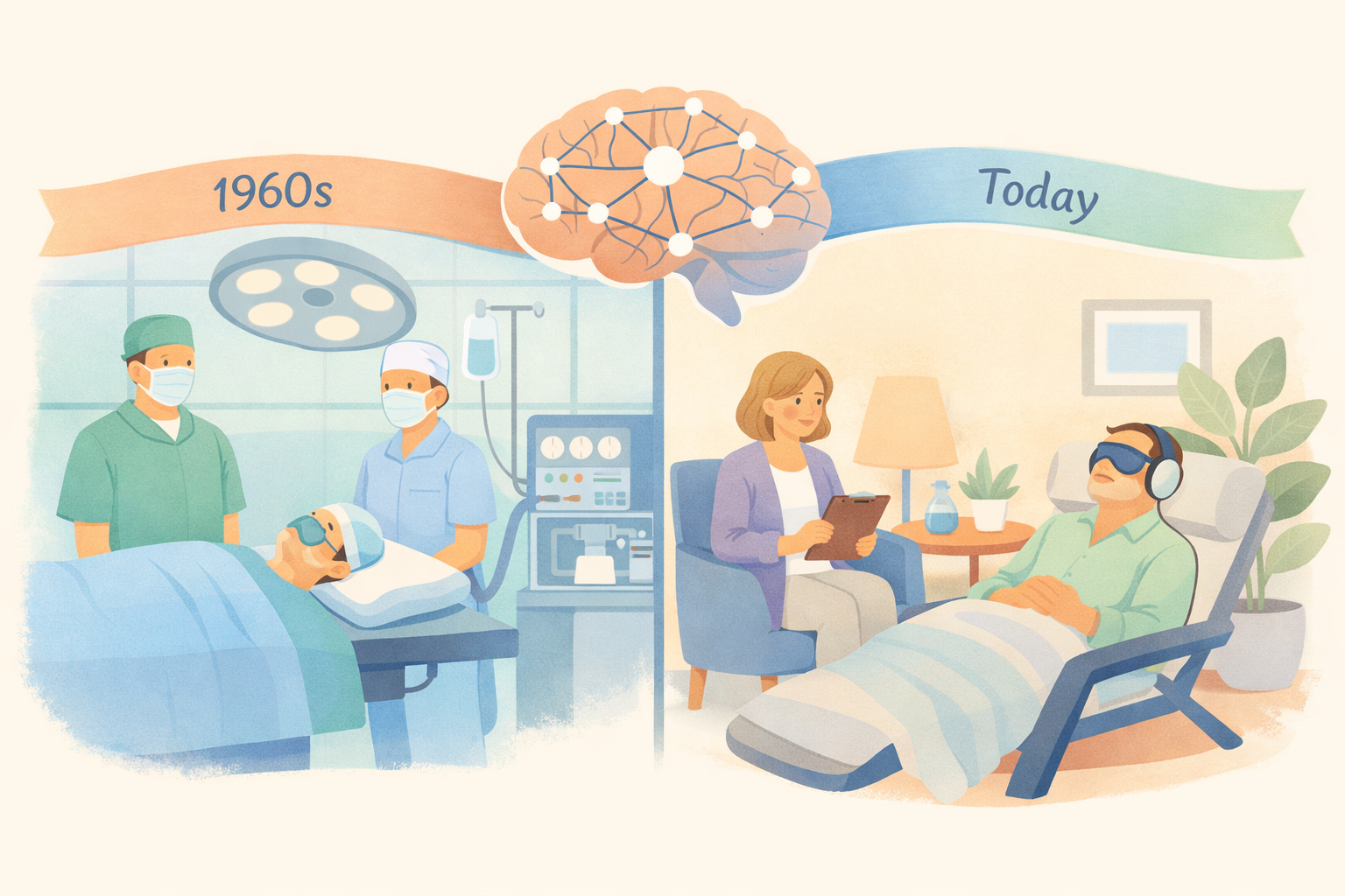 Beckley Retreats psychedelic therapy evolution: 1960s surgical masked doctors operate on patient left; modern therapist oversees headphone-wearing man in recliner with neural brain center, labeled 1960s vs Today.