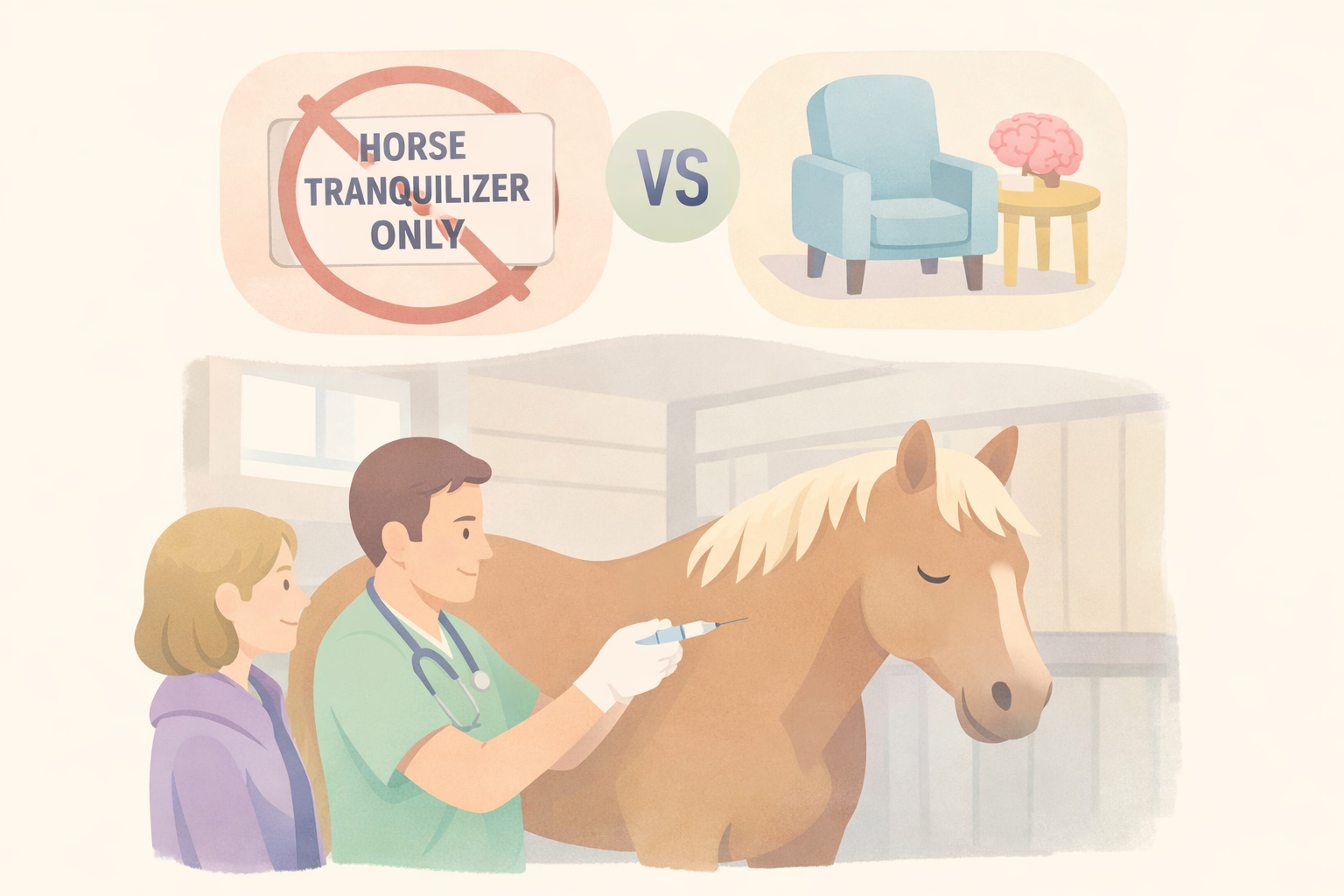 Beckley Retreats psychedelic therapy ketamine progress: 1960s "Horse Tranquilizer Only" banned stamp left with vet injecting horse; modern brain-chair therapy right.