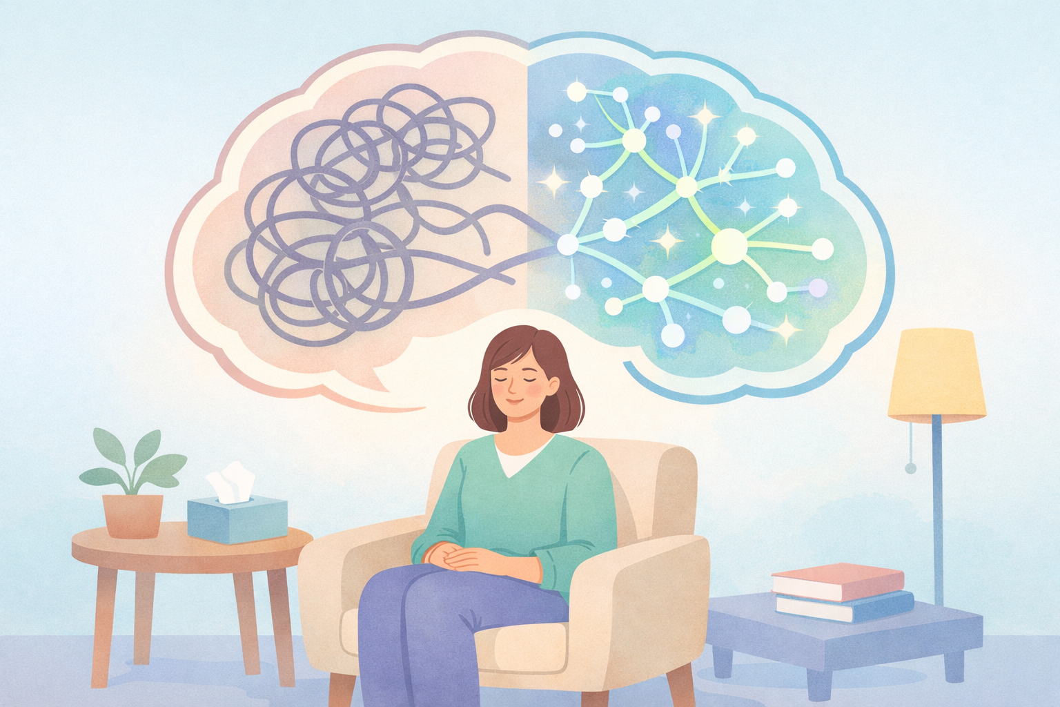 Beckley Retreats psychedelic therapy brain transformation: serene woman in chair visualizes shift from chaotic tangled left brain to organized starry neural network right brain, lamp, plants, books, tissues.