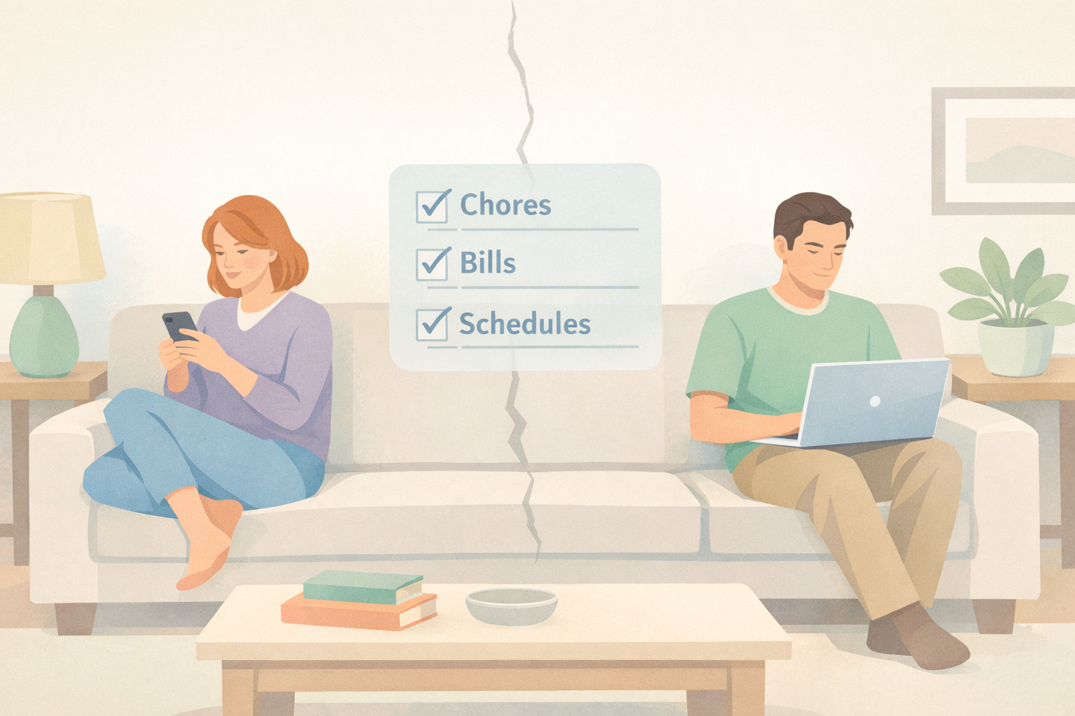 Beckley Retreats psychedelic therapy daily stress: disconnected couple on split couch, woman checks phone with chores/bills/schedules list, man works on laptop amid books, bowl, lamp, plant in living room.