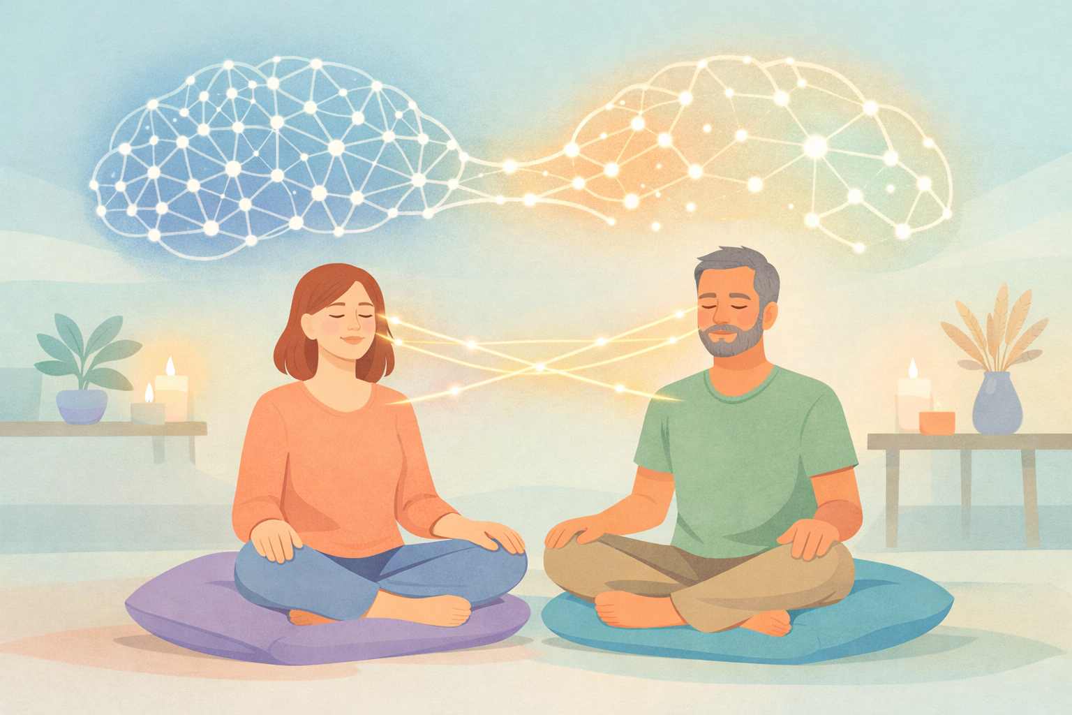Beckley Retreats psychedelic therapy connection: meditative couple on cushions channels glowing neural networks linking blue-orange brains, candles, plants in tranquil room.