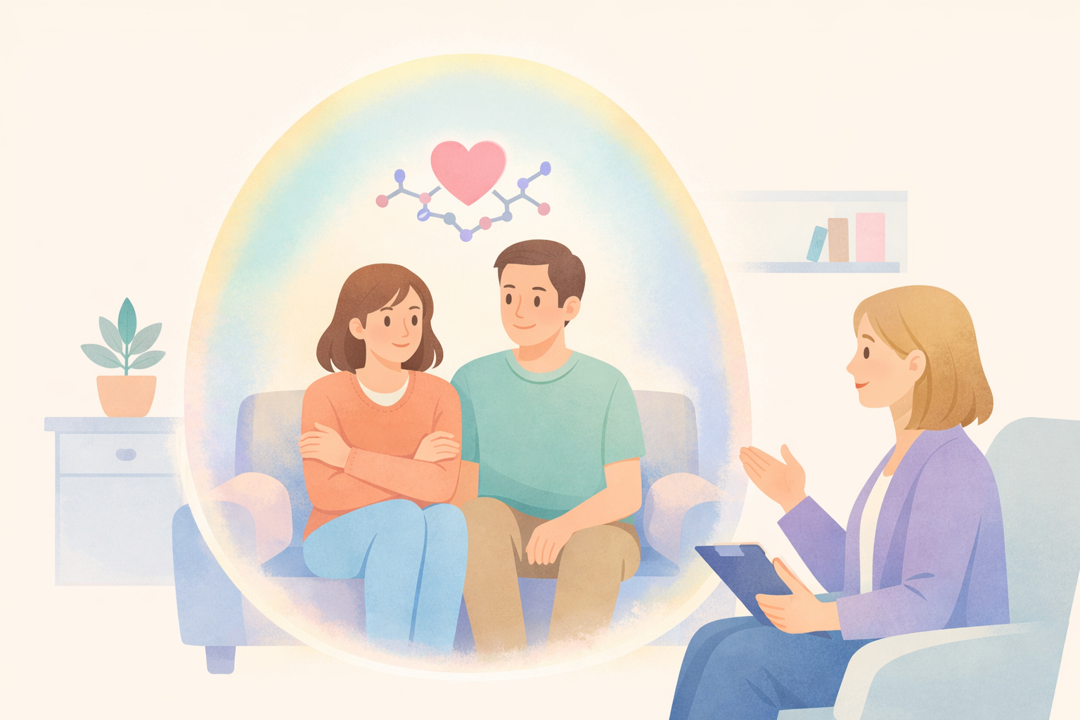Beckley Retreats psychedelic therapy couples counseling: female therapist gestures to smiling couple within glowing heart-molecule orb on couch, plants, shelves in serene room.