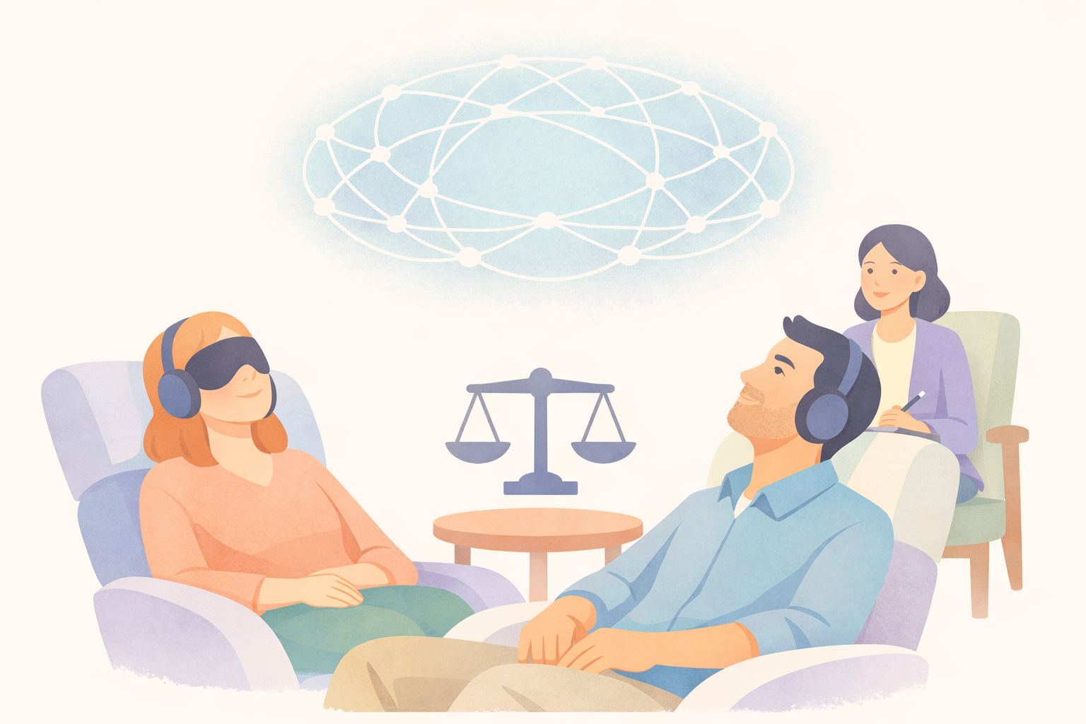 Beckley Retreats psychedelic therapy balance session: blindfolded headphone-wearing couple in chairs under neural network orb with scales symbol, observed by female therapist.