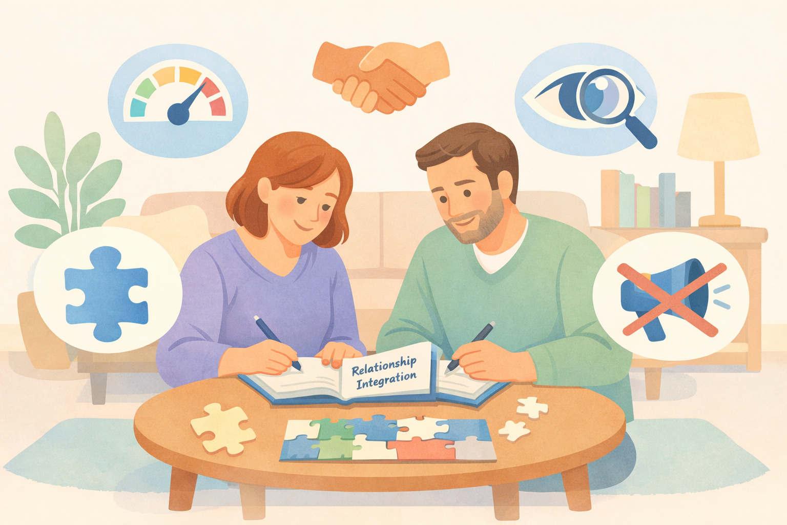 Beckley Retreats psychedelic therapy relationship integration: smiling couple assembles puzzle pieces over "Relationship Integration" book at table, icons for balance gauge, handshake, magnifier eye; no drama symbol, plant, lamp, shelves.