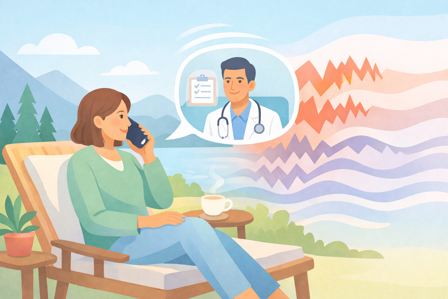 Woman on retreat patio video-calling doctor with checklist amid mountains and waves, highlighting medical oversight in Beckley Retreats psychedelic therapy psilocybin program.