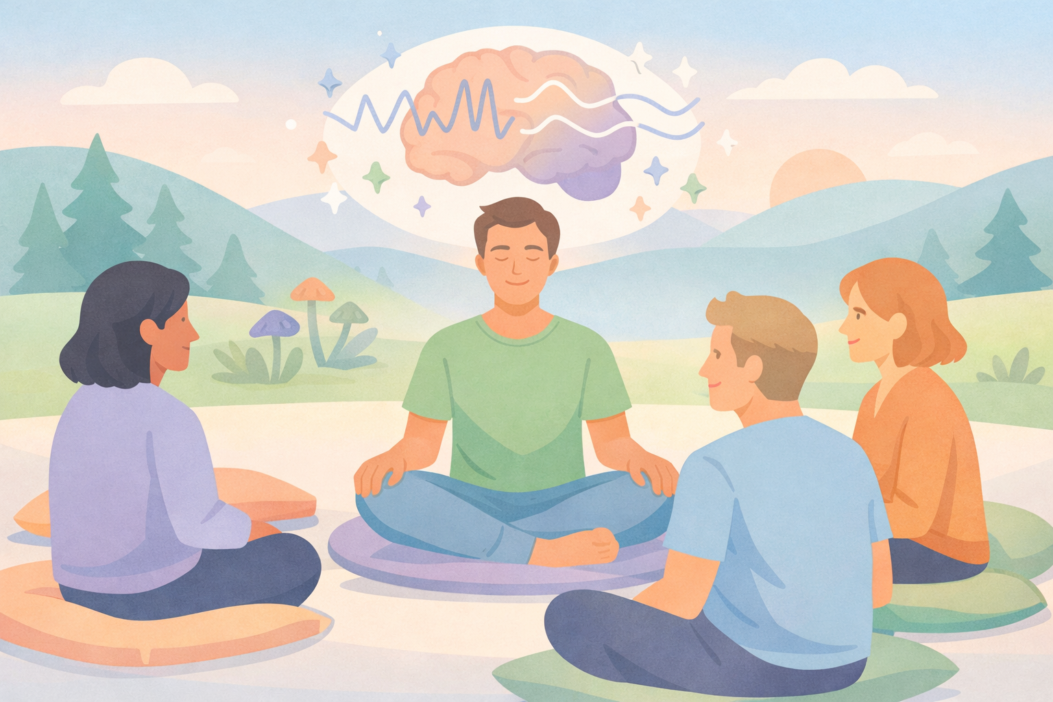 Group psychedelic therapy circle with meditating man, glowing brain waves, mushrooms amid nature for Beckley Retreats psilocybin session and mindful healing.