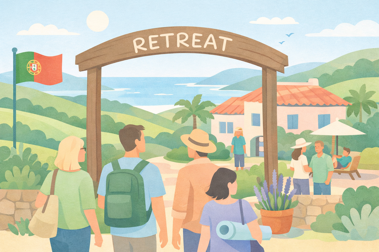 Diverse group arriving at Portugal psychedelic therapy retreat entrance with Portuguese flag, ocean view house for Beckley Retreats psilocybin healing sessions. 