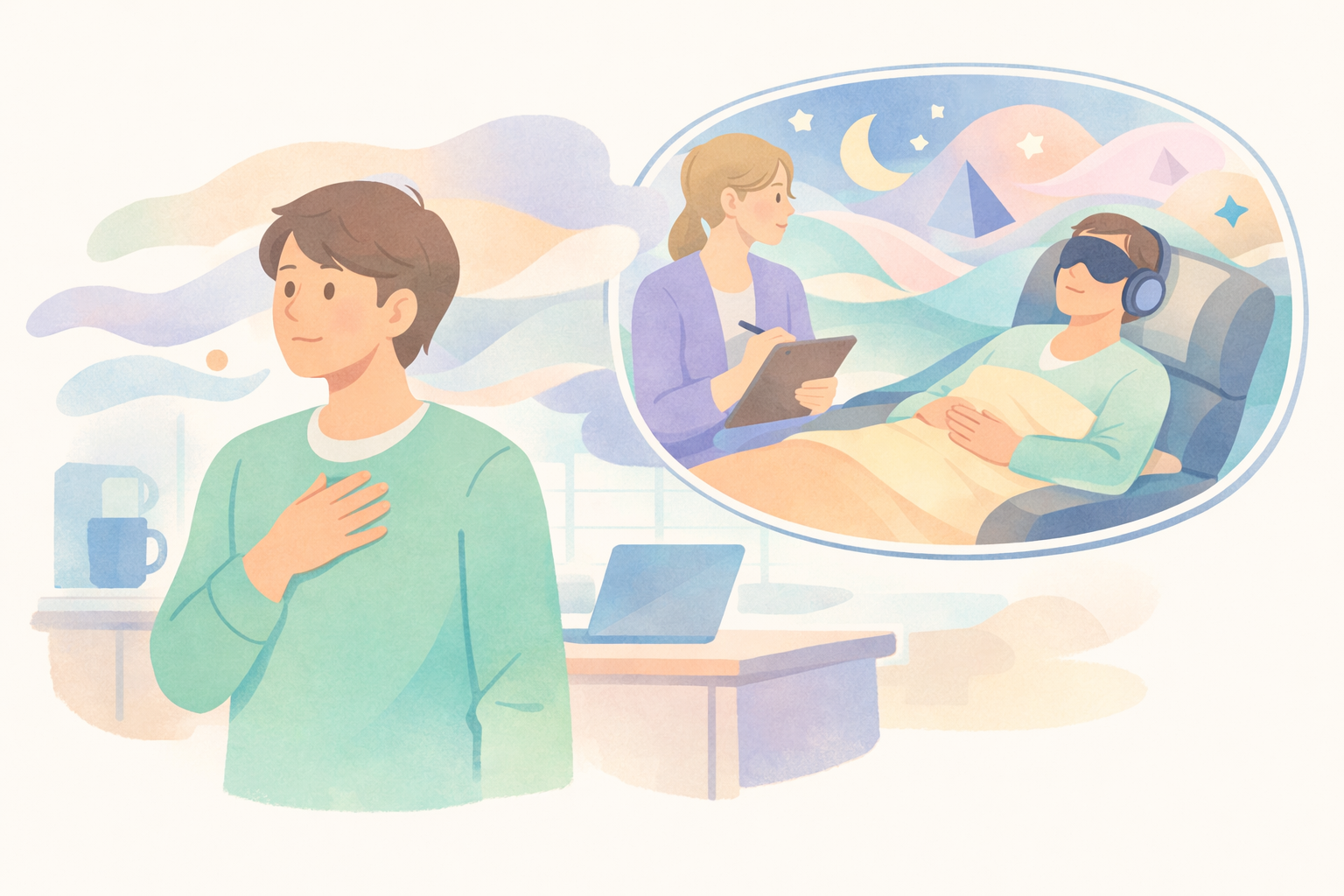 Man sharing psychedelic therapy experience with therapist, envisioning eye mask guided session in starry mountains for Beckley Retreats psilocybin integration.