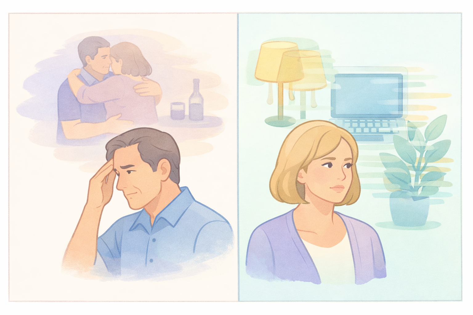Before and after psychedelic therapy: distressed couple to embracing love left, stressed man and distracted woman to relief right, for Beckley Retreats psilocybin healing.