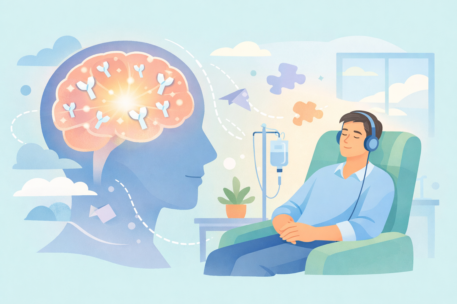Man in psychedelic therapy with IV drip and headphones, glowing brain releasing puzzle pieces symbolizing neural rewiring for Beckley Retreats psilocybin healing.