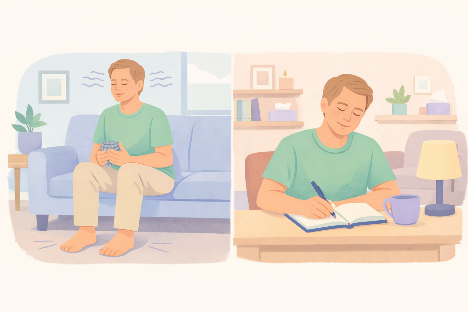 Man transitioning from psychedelic trip sound waves on couch to journaling insights post-therapy, embodying Beckley Retreats psilocybin integration process.