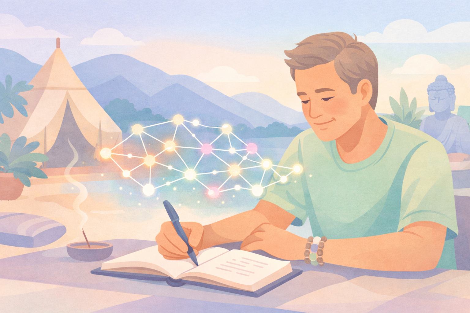 A man journals in a serene psychedelic therapy retreat setting with a tent, Buddha statue, mountains, and neural network visualization, embodying Beckley Retreats' mindful psilocybin healing.