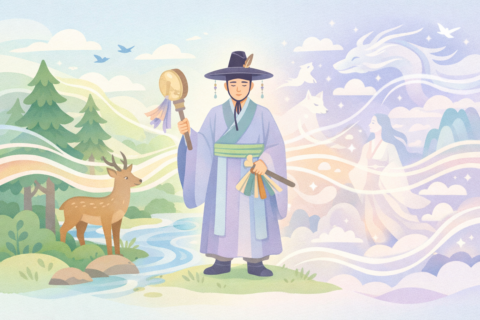 Korean shaman in hanbok holds drum and rattle amid deer, dragon spirits, pines, rainbow for psychedelic therapy ritual at Beckley Retreats, evoking ancestral psilocybin healing visions. 