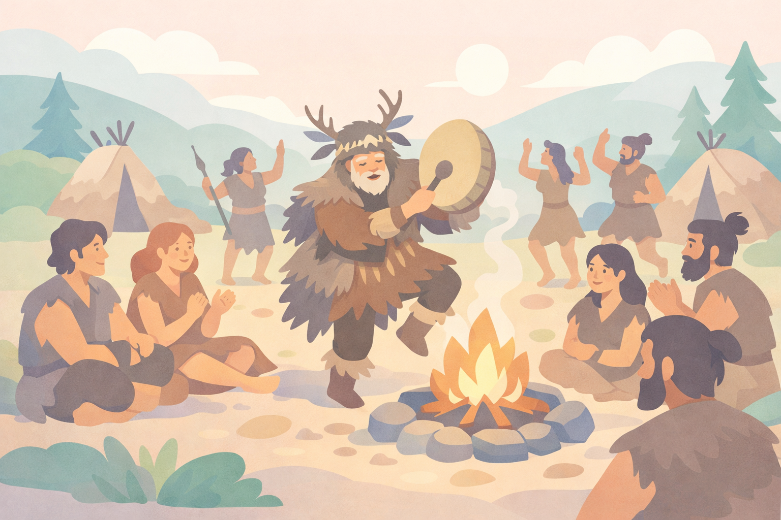 Shaman with antlers dances drum around campfire as tribe gathers in tents amid mountains, illustrating ancient psychedelic therapy rituals akin to Beckley Retreats' psilocybin ceremonies.
