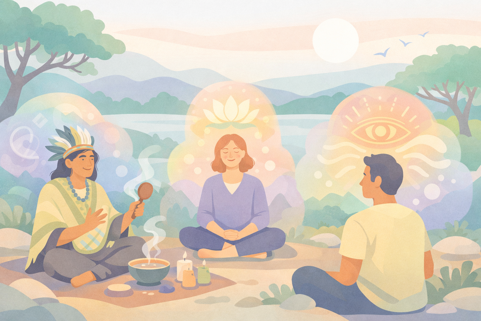 Shaman with rattle and brew leads psychedelic therapy circle at Beckley Retreats; woman meditates lotus amid lotus, eye mandalas by lake, mountains for psilocybin spiritual awakening.