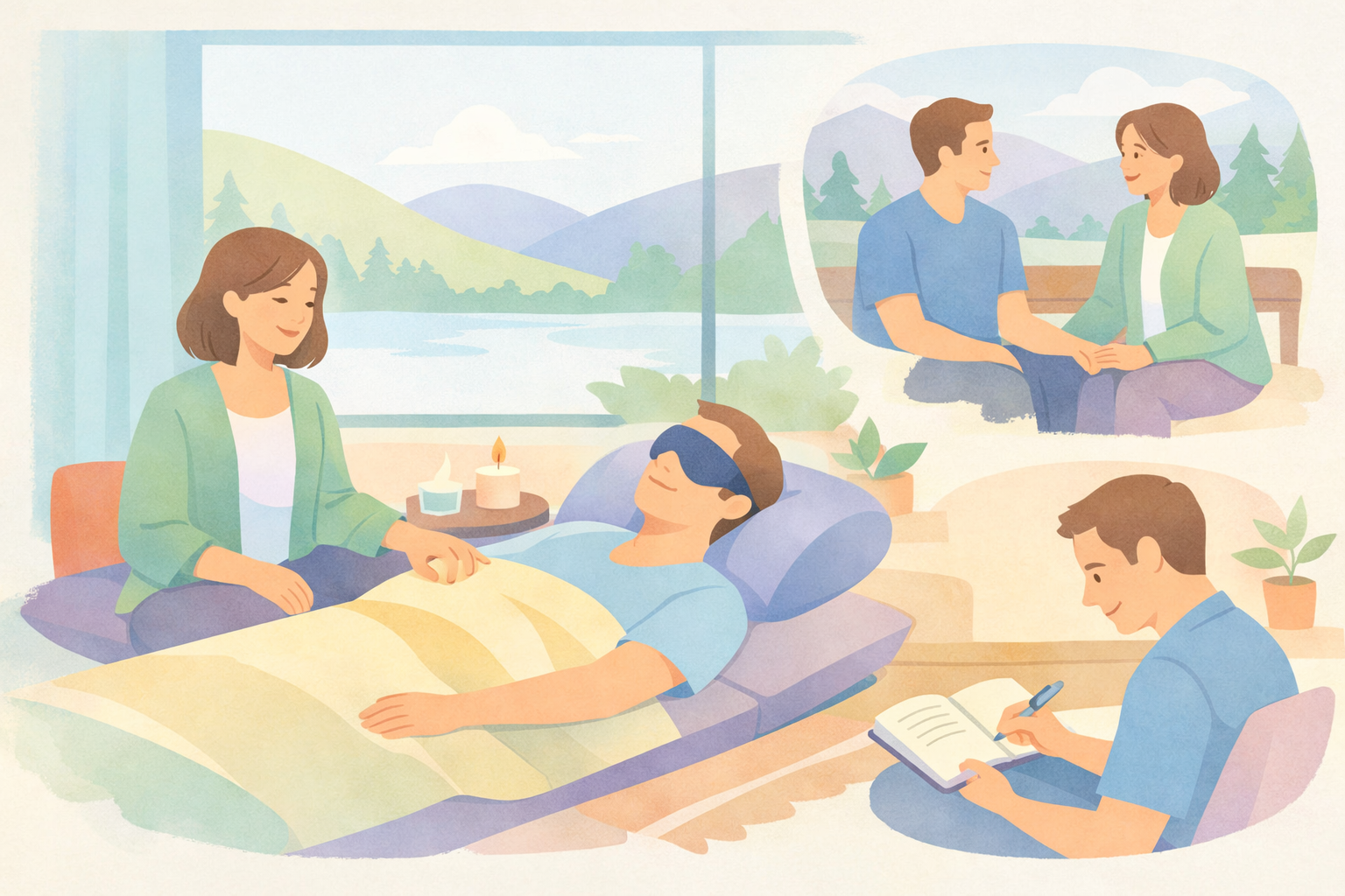Beckley Retreats psychedelic therapy montage: therapist aids eyemasked client on bed with tea; couples connect; man journals by mountains, lake—emphasizing psilocybin guided sessions, integration.