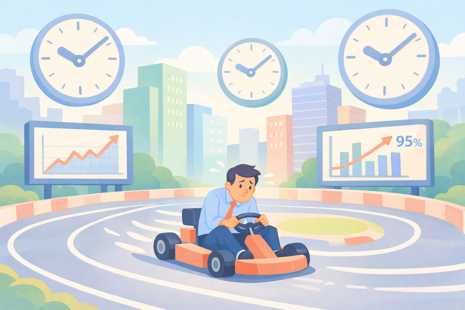 Stressed man in go-kart race amid city clocks and 95% growth charts symbolizes time pressure before psychedelic therapy at Beckley Retreats, highlighting psilocybin stress relief benefits.