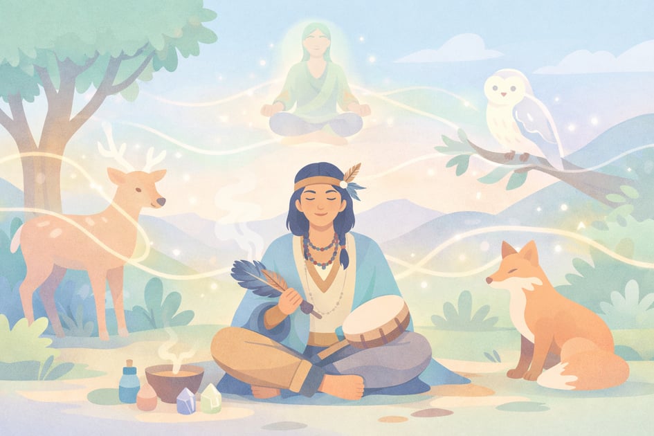 Shamanic guide leads psychedelic therapy in nature with drum, crystals, owl, deer and fox, supporting elevated meditator’s psilocybin journey, spiritual connection and healing at Beckley Retreats. 