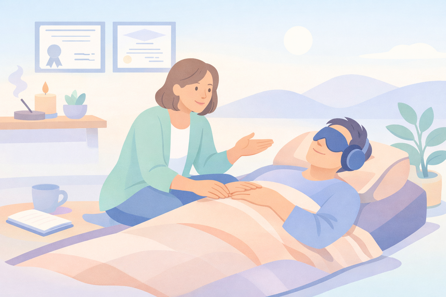 Beckley Retreats therapist supports eyemasked client with headphones on bed during psychedelic therapy, using touch, tea amid mountains for guided psilocybin session with candle serenity.