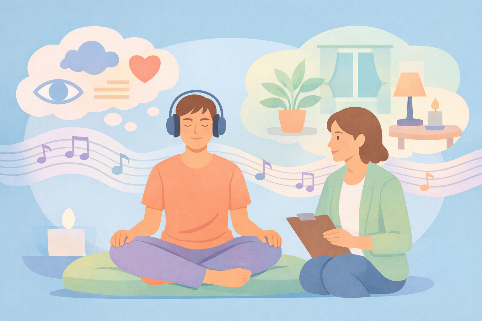 Therapist observes client meditating with headphones amid thought bubbles of eyes, heart, patterns, music notes in Beckley Retreats psychedelic therapy, enhancing psilocybin visionary experience.