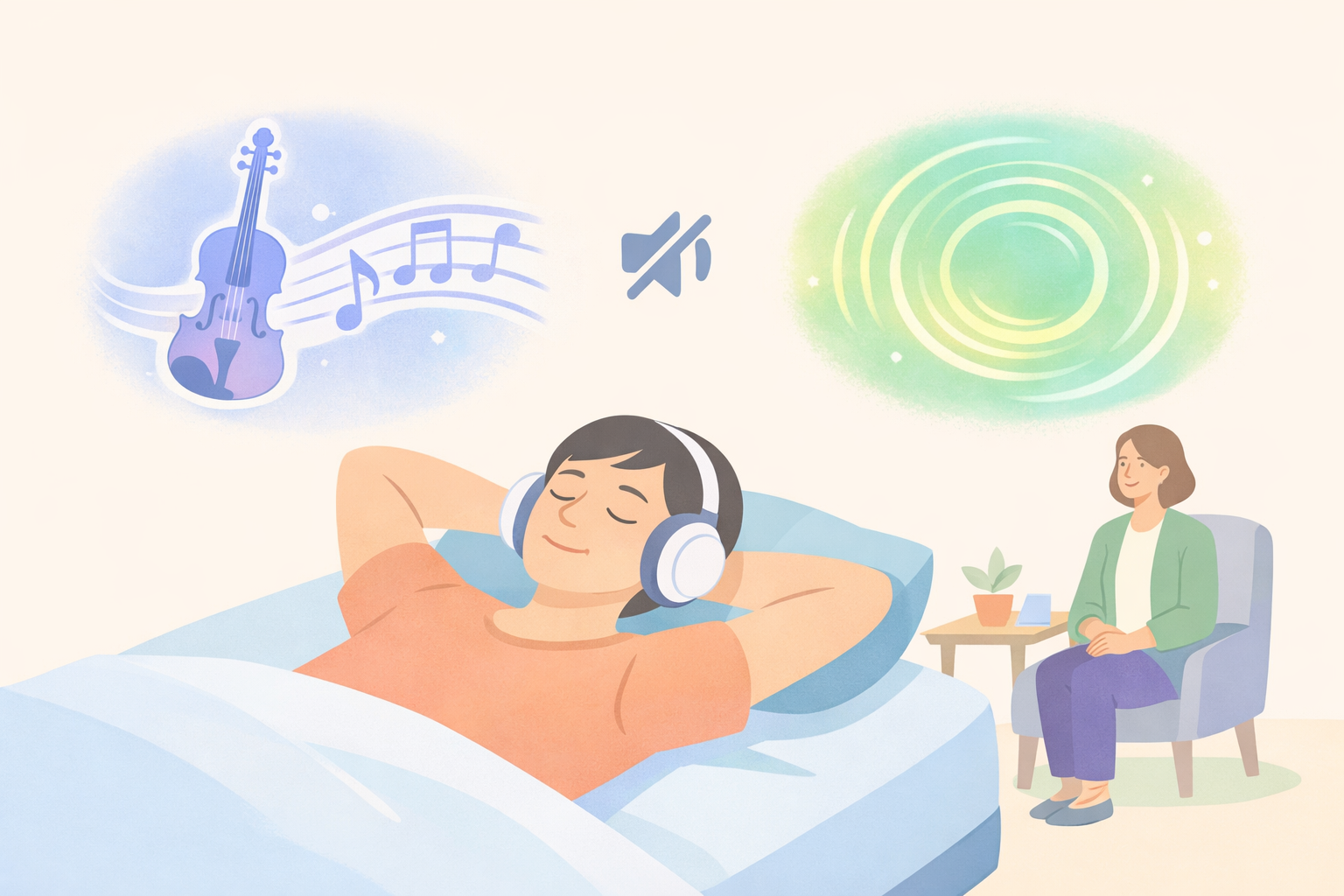 Woman relaxes on bed with headphones amid violin music, silence, spirals visions in psychedelic therapy at Beckley Retreats, therapist observes psilocybin-supported auditory healing immersion. 
