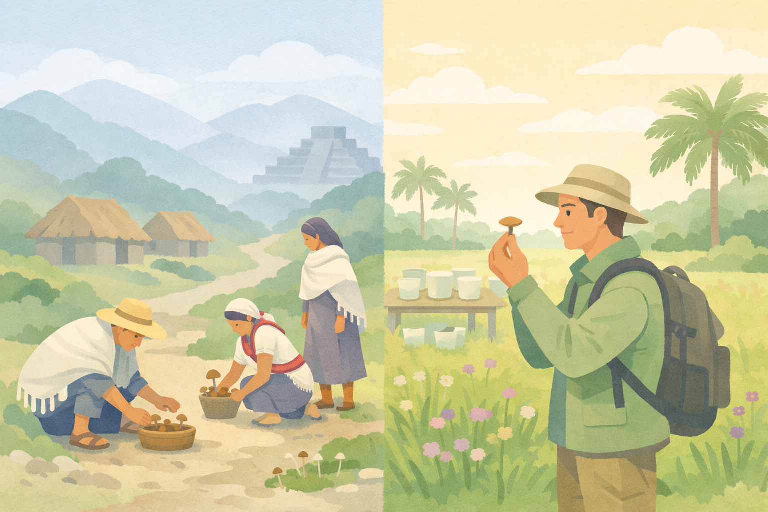 Indigenous farmers harvest psilocybin mushrooms near Mayan pyramids; explorer examines magic mushroom by beach palms, highlighting traditional psychedelic therapy sources for Beckley Retreats psilocybin retreats.