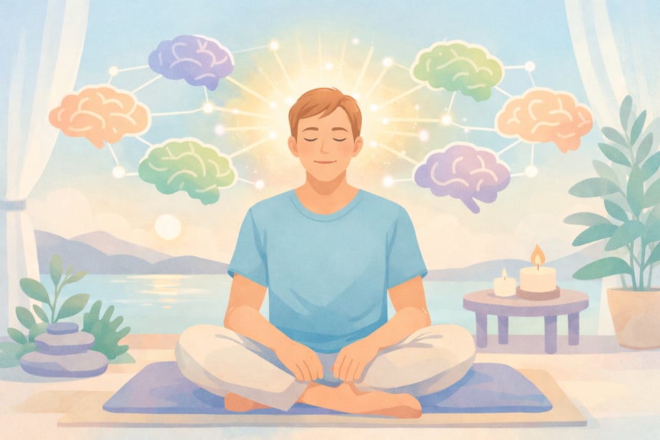Man meditating serenely in psychedelic therapy session at Beckley Retreats, surrounded by interconnected colorful brains symbolizing enhanced neuroplasticity, creativity, and profound mental health transformation amid tranquil nature setting