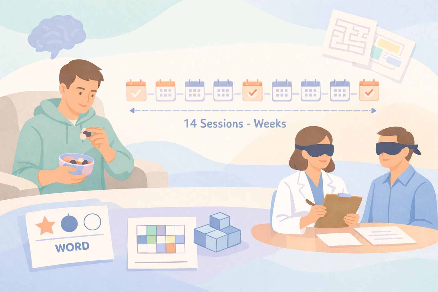Young man eating while observing 14-week psychedelic therapy sessions at Beckley Retreats, featuring blindfolded guided sessions, cognitive tasks like puzzles and word association, brain imagery, enhancing neuroplasticity and mental health
