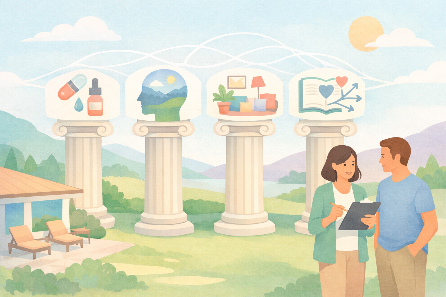 Flat vector illustration of the four pillars of a psychedelic journey showing substance, set, setting, and integration for beginners.