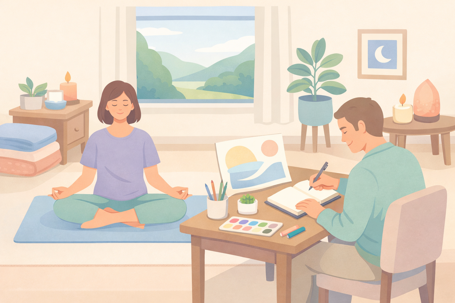 Flat vector illustration of a calm first‑time psychedelic traveler learning and building confidence before their journey.