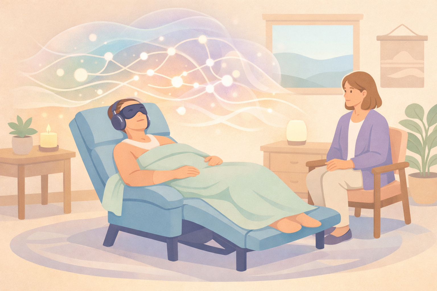 Flat vector illustration of mind and body effects during a first psychedelic trip, including sensory shifts and emotional release.