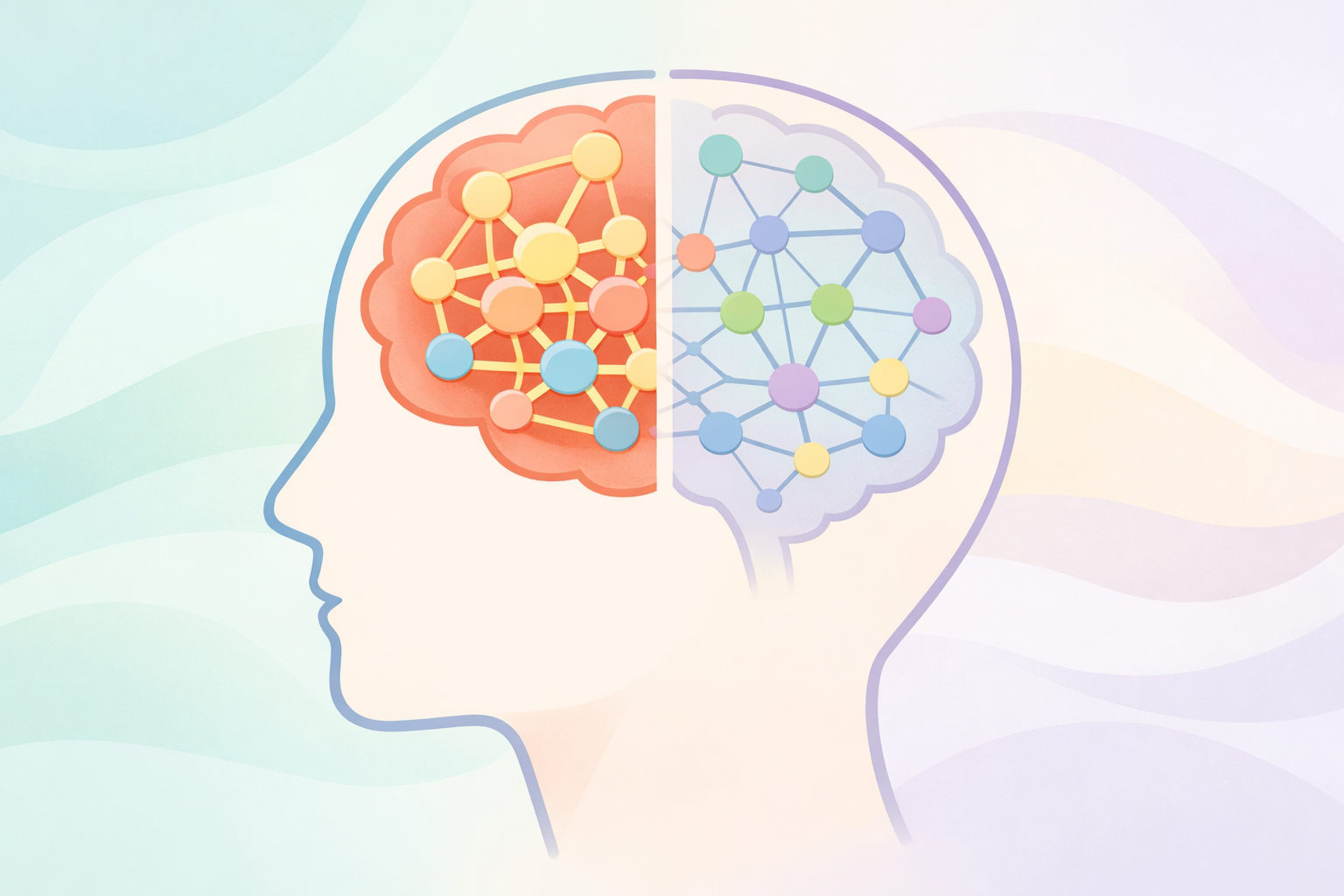 Flat vector illustration of a split-brain diagram showing active versus inactive neural network connectivity, illustrating how the default mode network functions and how psilocybin disrupts rigid brain patterns to promote neuroplasticity.